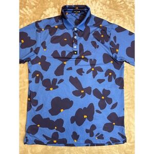 Bad Birdie Mens Blue Floral Performance Golf Polo Shirt Large Short Sleeve L